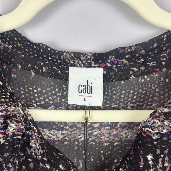 Cabi Crochet Print Black Brown and Cream Buttoned Sheer Paris Blouse Size Large - Picture 3 of 12